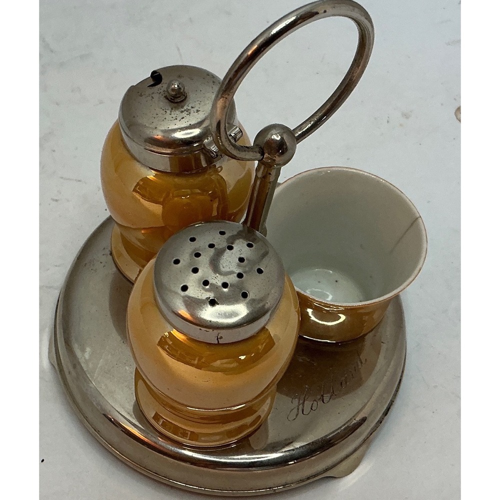 Holland Vintage Condiment‎ Set Orange Lusterware Salt Shaker Mustard Pot Caddy